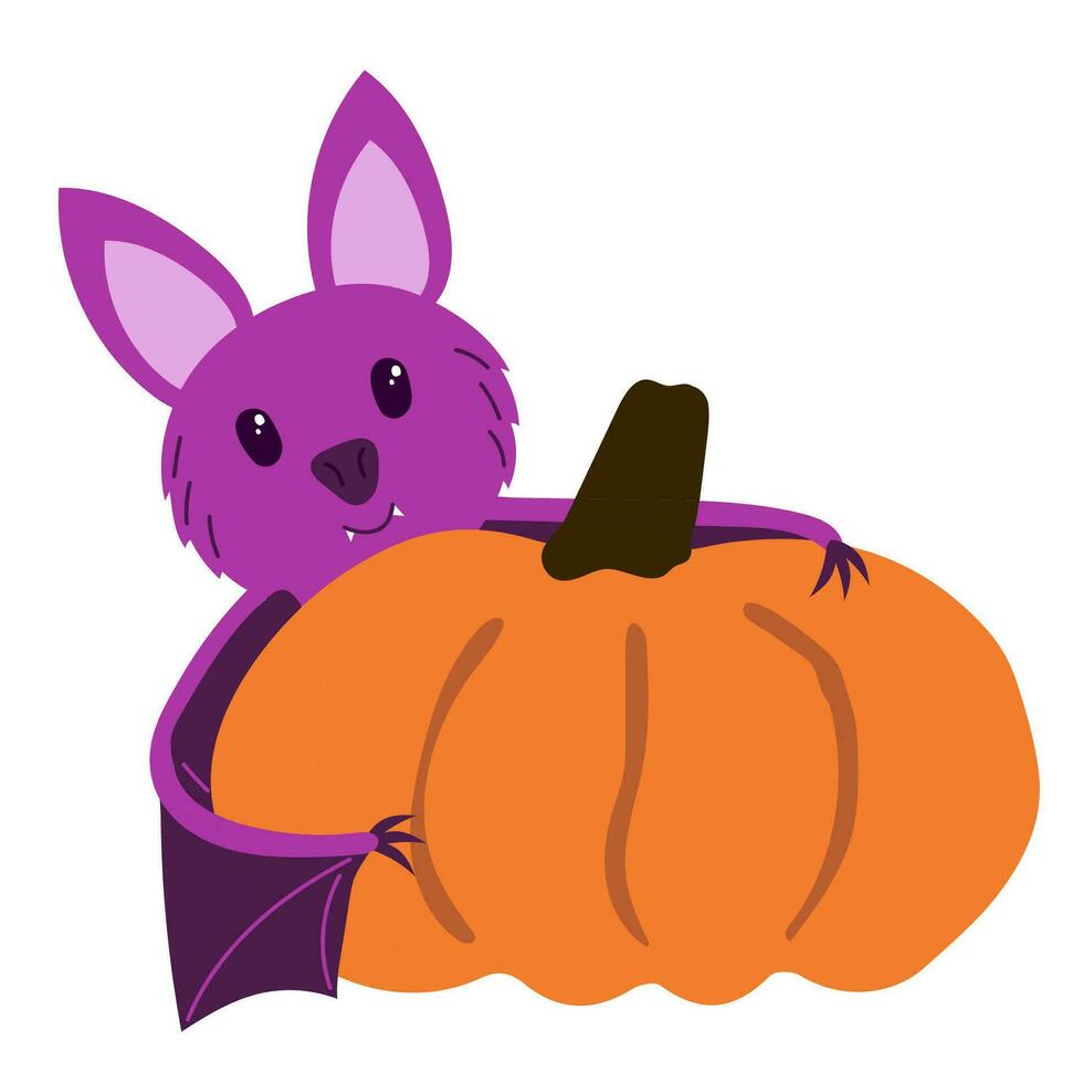 contento Víspera de Todos los Santos pegatina con linda murciélago con calabaza. vector