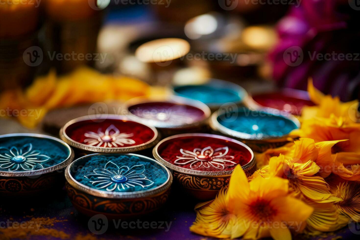 Detailed view of rangoli tools and colored powders prepared for Diwali designs photo