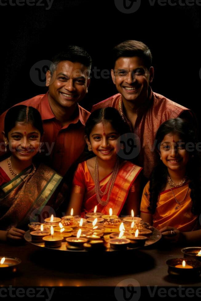 Family gathering for a Diwali puja at home isolated on a gradient background photo