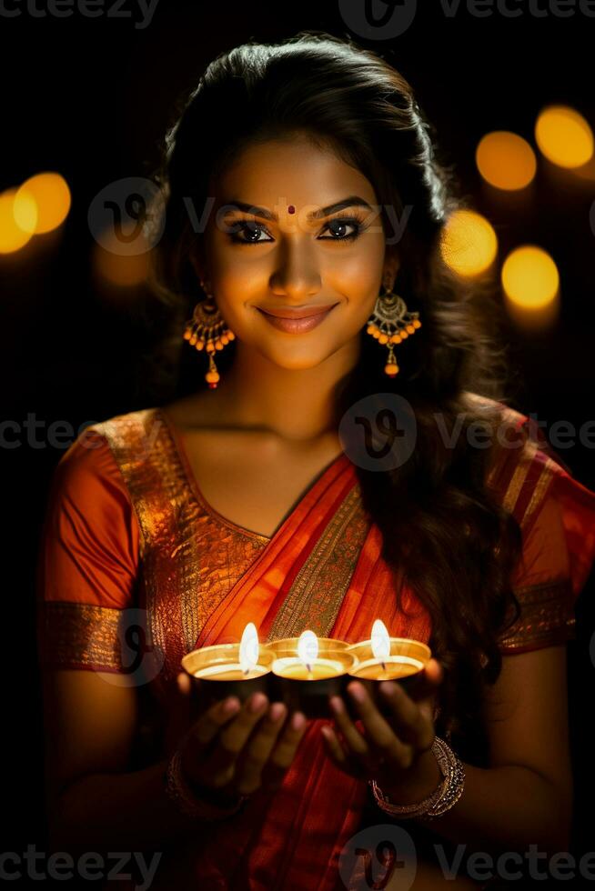 Indian woman in traditional Diwali attire background with empty space for text photo