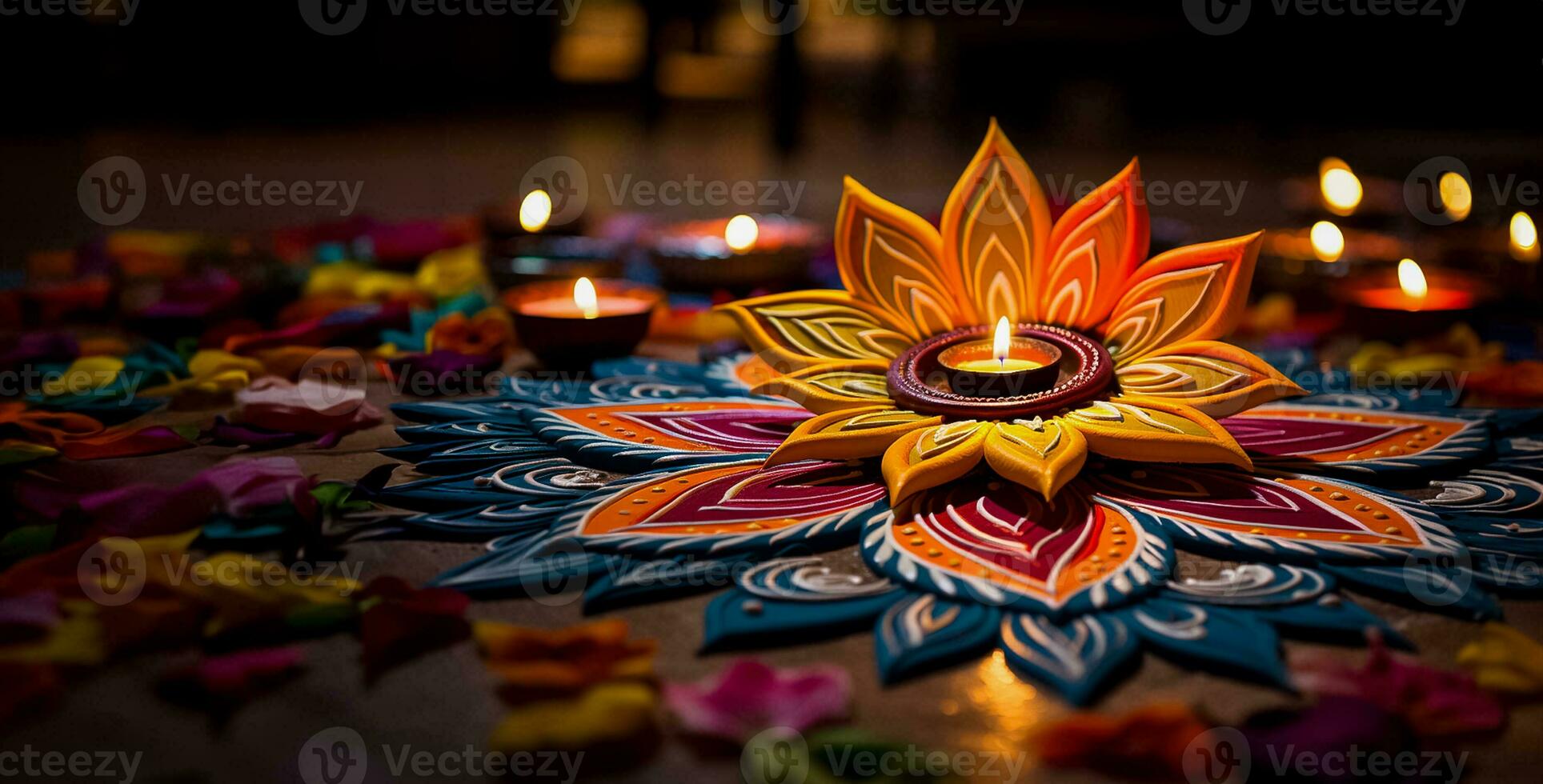 Colorful Rangoli patterns illuminating the spirit of Diwali celebration in vibrant hues photo