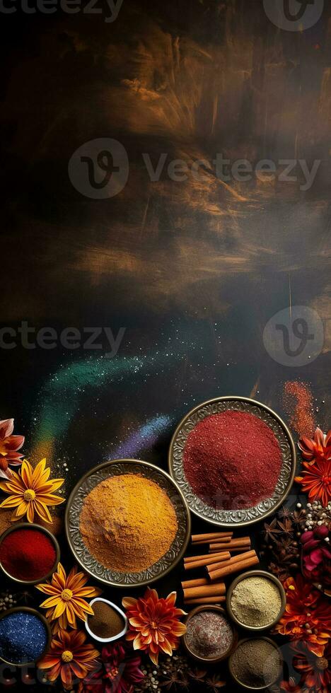 Rangoli powder and tools display for Diwali designs background with empty space for text photo