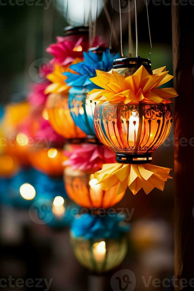 Brightly colored handmade paper lanterns adding charm to a spirited Diwali celebration photo