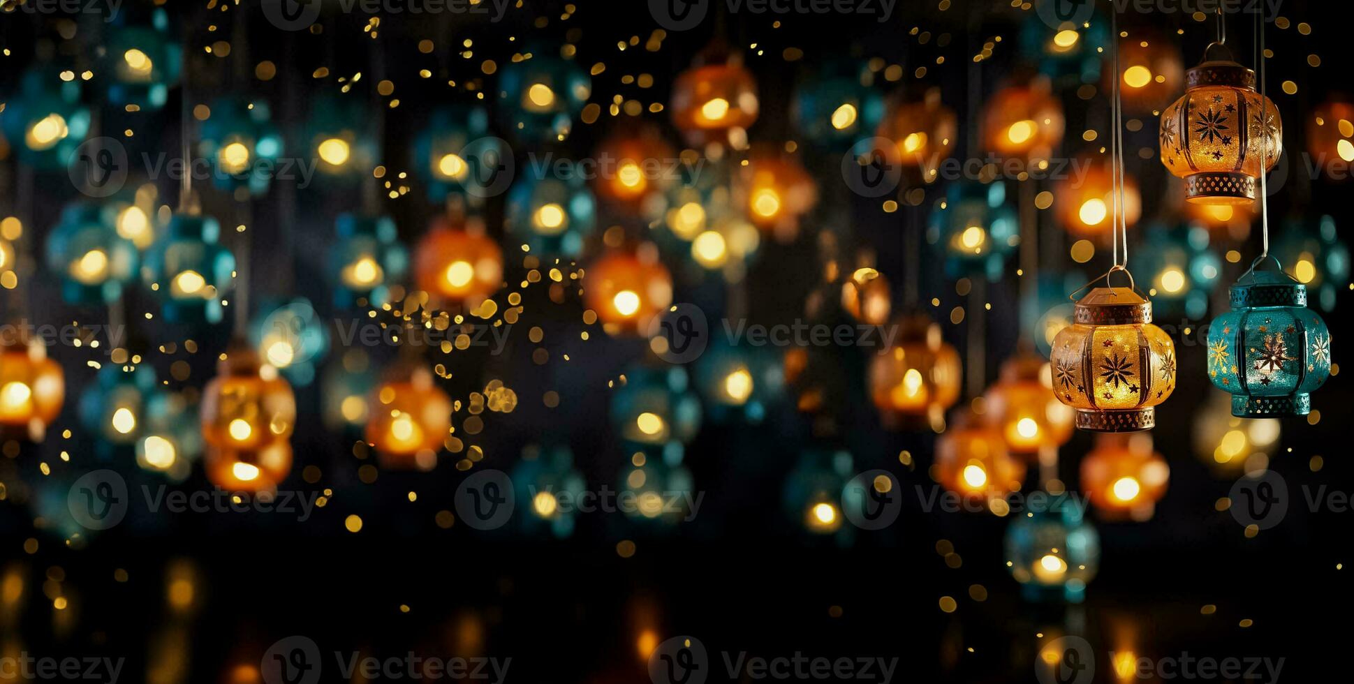 Handmade paper lanterns lit for Diwali celebration background with empty space for text photo