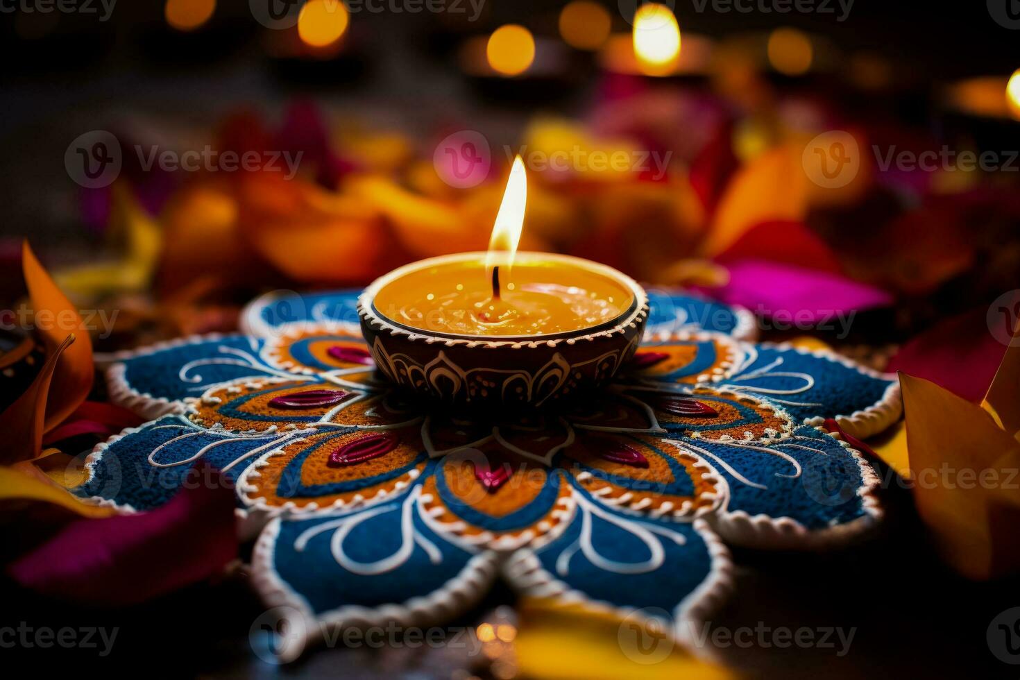 Colorful Rangoli patterns illuminating the spirit of Diwali celebration in vibrant hues photo