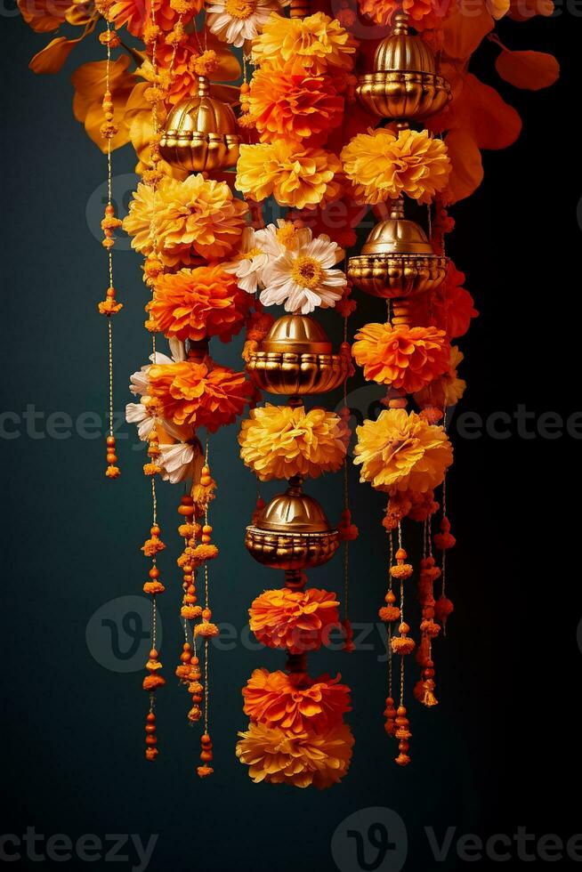 Floral garlands used in Diwali Puja ceremonies isolated on a festive gradient background photo