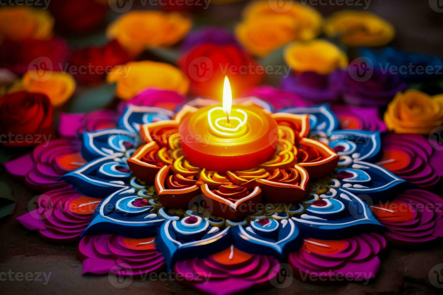 Colorful Rangoli patterns illuminating the spirit of Diwali celebration in vibrant hues photo