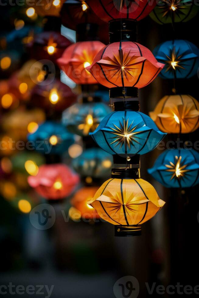 Brightly colored handmade paper lanterns adding charm to a spirited Diwali celebration photo