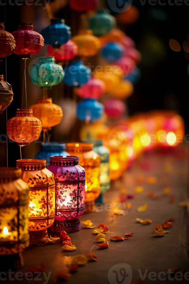 Brightly colored handmade paper lanterns adding charm to a spirited Diwali celebration photo