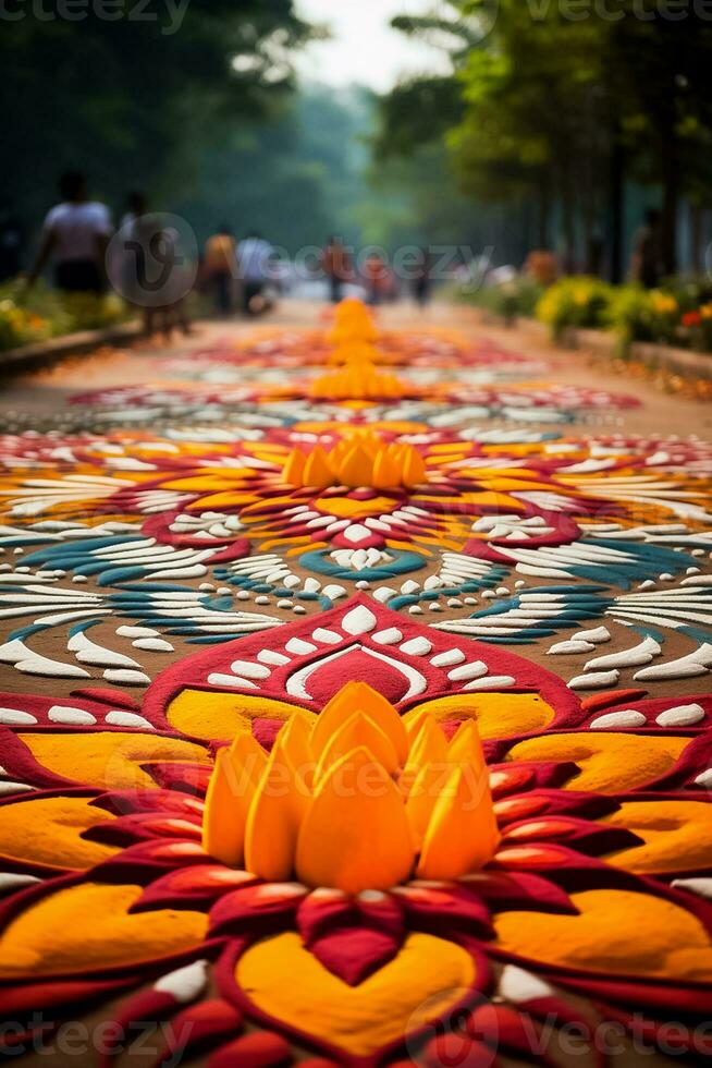 Elaborate symmetric Rangoli designs embracing the ground during vivacious Diwali celebrations photo