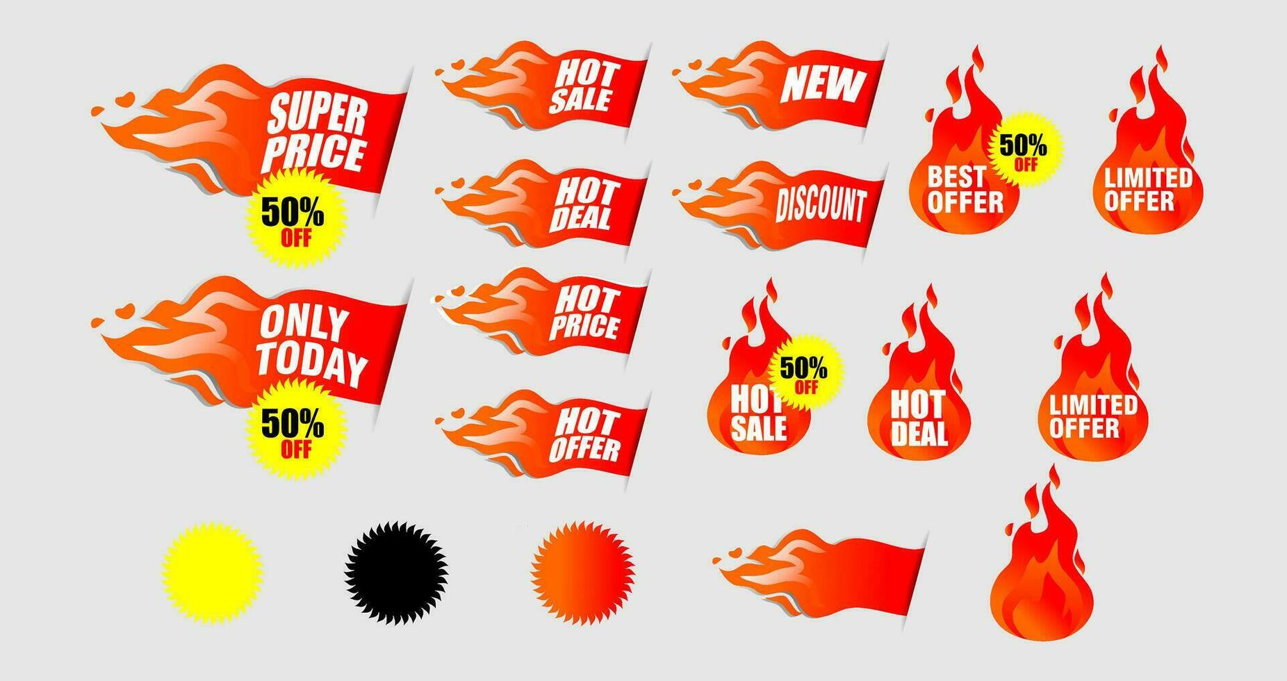 a set of sale signs with flames and other items, Hot Sale banner, sales label vector