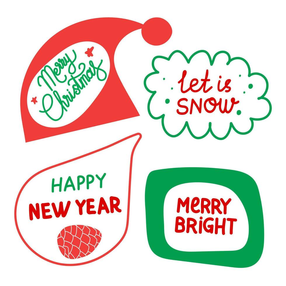 Christmas stickers set. Winter festive quotes. Cute holiday badges, lettering, doodle quotes, stickers. Vector illustration.