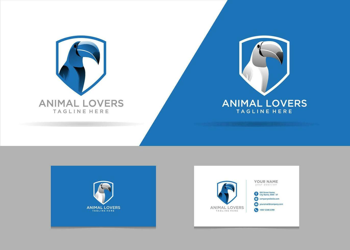 bird taucan blue logo, animal lovers logo design template with business card vector
