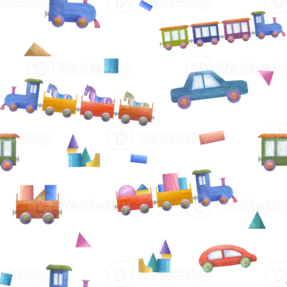 Watercolor seamless pattern of kid wooden toys. Colored cars, trains, locomotive, wagon, wood bricks, animal, horse. Hand painted illustration for children print, decor, wrapping, fabric, textile. png