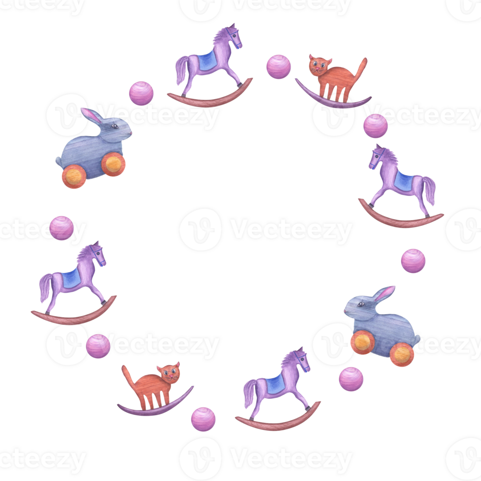 aquarelle couronne avec enfant en bois jouets. jouet, chat, jouet balade lièvre, lapin, balle. copie espace pour texte. main tiré illustration pour les enfants faire la fête, Nom jour, étiqueter, logo png