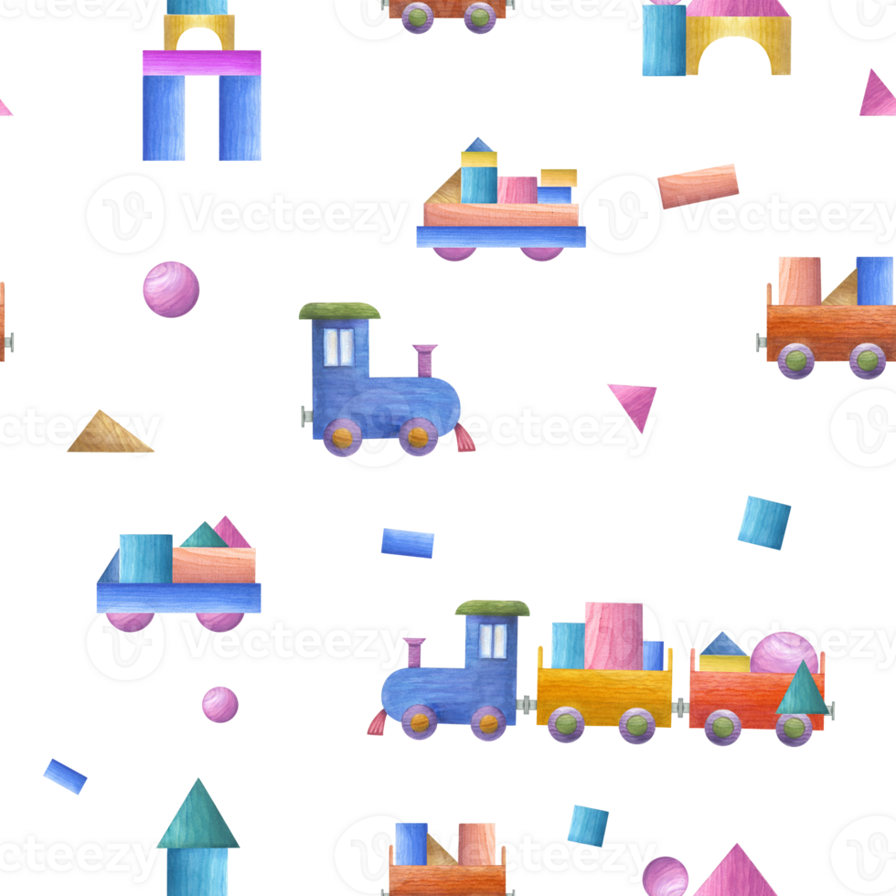 Watercolor seamless pattern of kid wooden toys. Colored cars, trains, locomotive, wagon, wood bricks. Hand painted illustration for children print, poster, decor, wrapping, fabric, textile. png