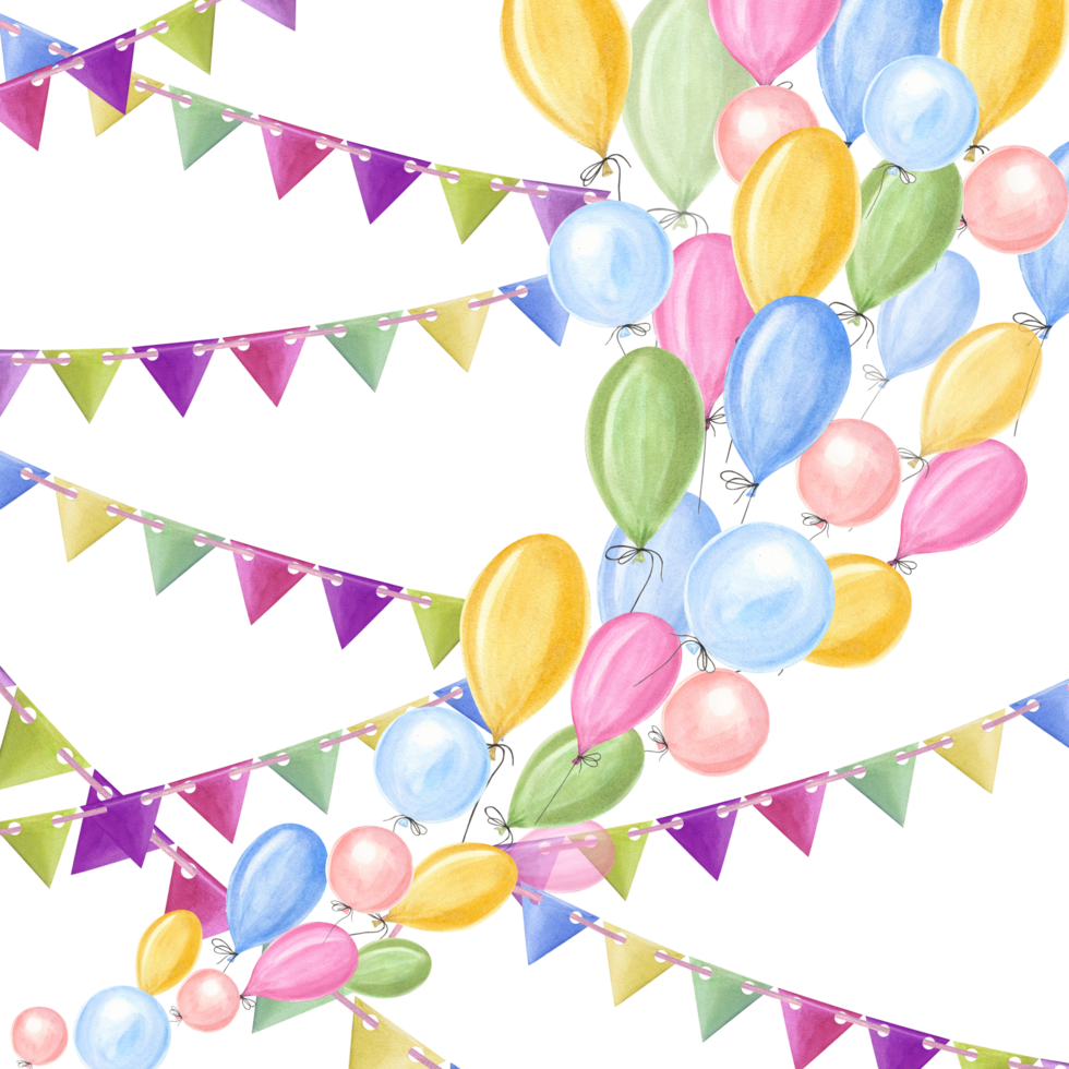 Watercolor colorful ballons with flags garlands. For Save the date, Valentines day, birthday and mothers day cards, wedding invitation png