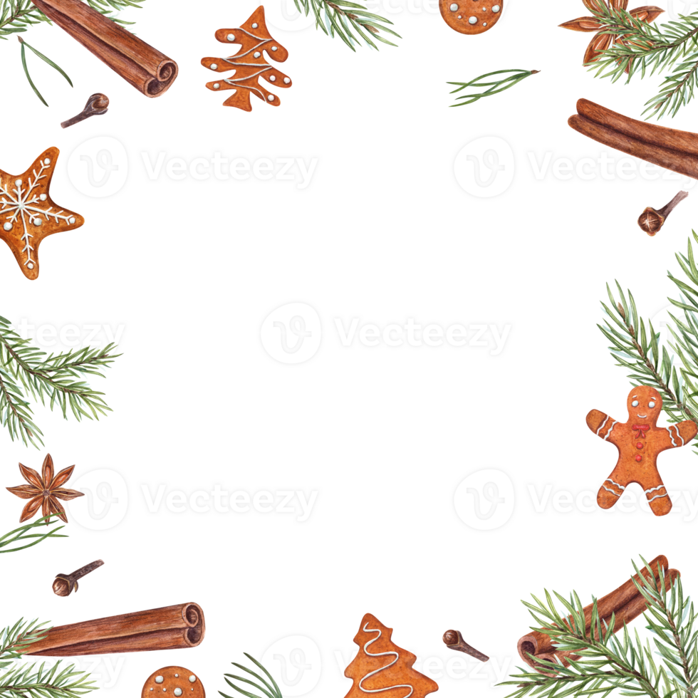 Christmas Spices, Spruce Branch, gingerbread cookies. Cinnamon sticks, gingerbread man, fir needles, star anise, cloves. Space for text. Xmax frame. Watercolor illustration png