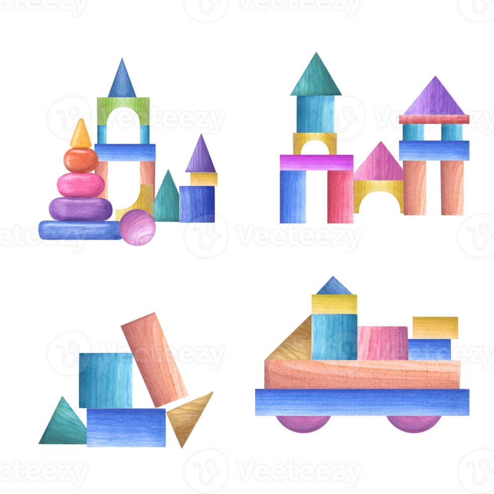 Houses, cars built from wooden kid blocks. Pyramid, cube, cone, ball, bricks. Castle, build, wood truck with cubes. Child Toys. Games with kids. Watercolor illustration for print, poster, wrapping, png