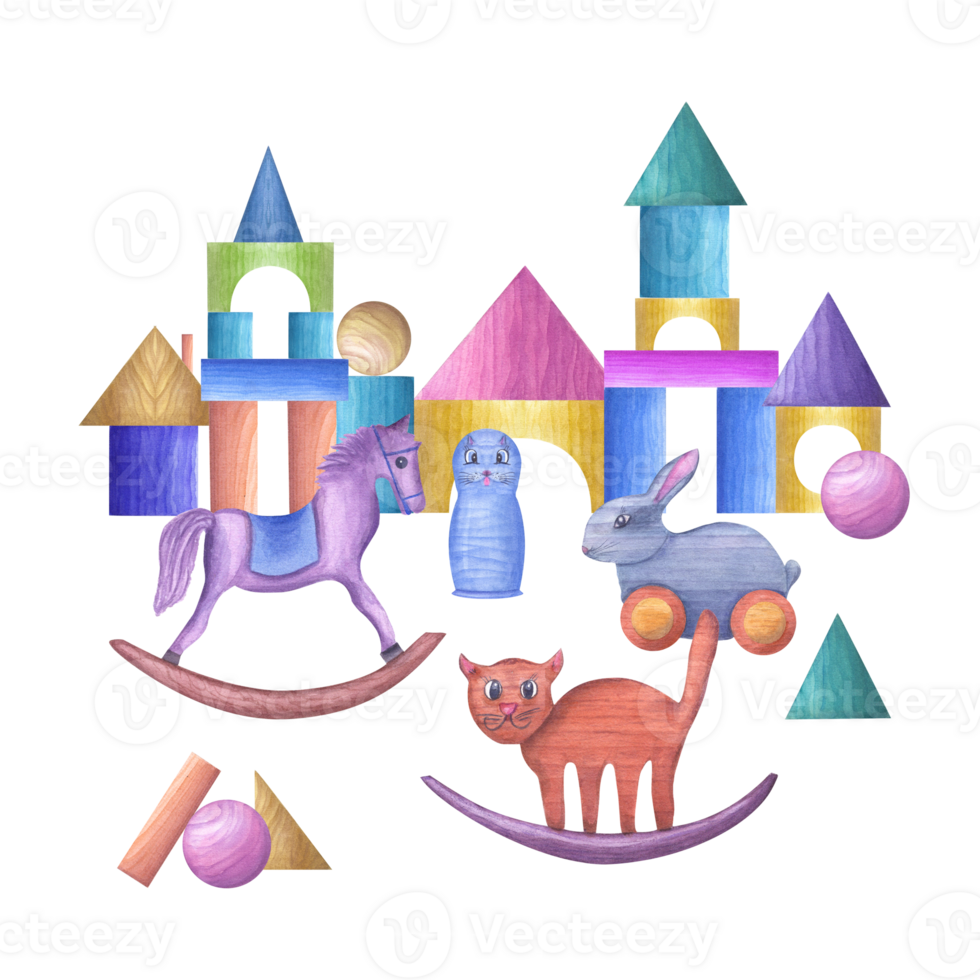 Castle built from wooden children blocks. Pyramid, cube, cone, ball, bricks, cat, hobbyhorse, toy ride hare. Child Toys. Games with kids. Watercolor illustration for print, poster, wrapping, png