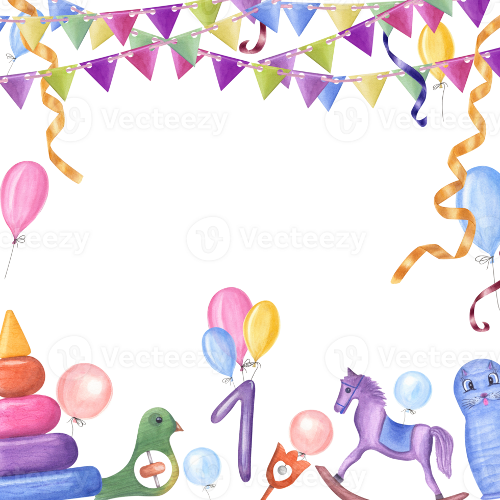 Watercolor card for children's birthdays, party. Pyramid, hobbyhorse, bird, rattle, balloons. Hand painted illustration for greeting card, poster, postcard, for nursery, kids room decor. png