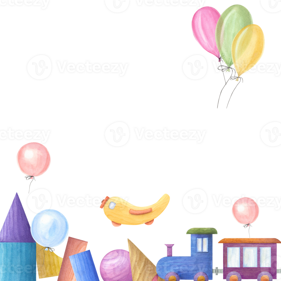 Square frame of kid wooden toys with colored balloons. Toy, pyramid, bricks, steam locomotive, cute carriage. Copy space for text. Watercolor illustration for children party, baby shower, name day png
