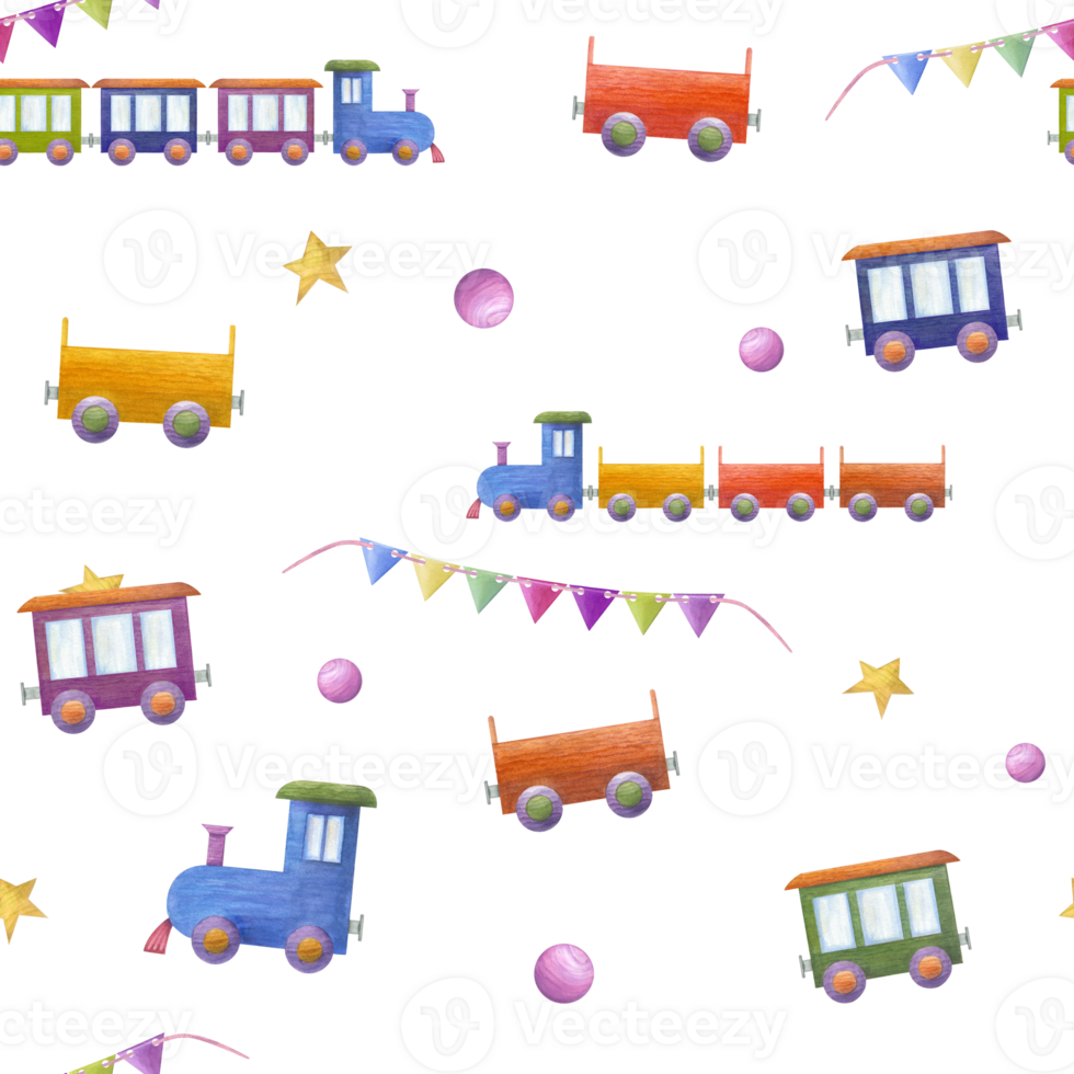 Watercolor seamless pattern of kid wooden toys. Colored cars, trains, locomotive, wagon. Hand painted illustration for children print, poster, decor, wrapping, fabric, textile. png