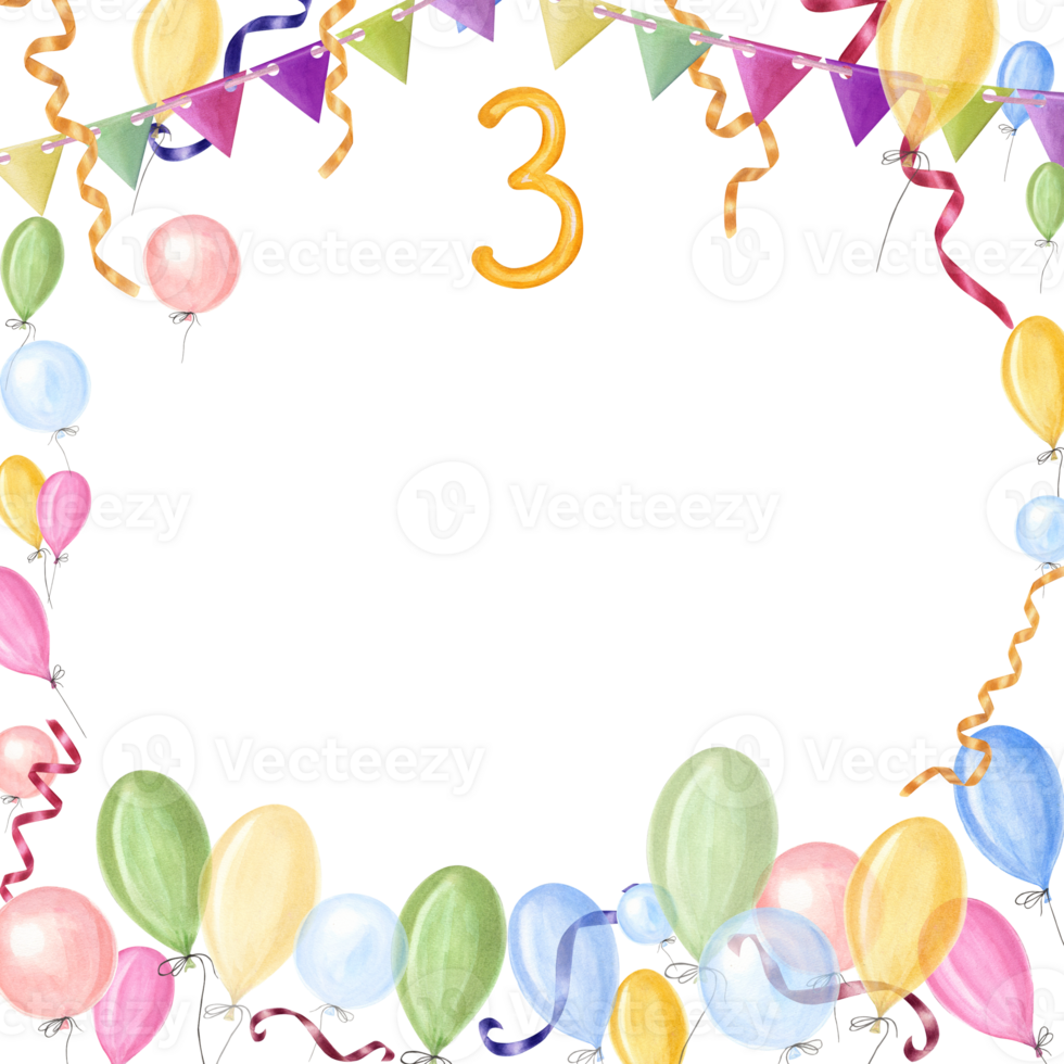 Watercolor card for children's birthdays. Balloons, ribbon, flag garland, number 3. Hand painted illustration for template, greeting card, poster, postcard for nursery, kids room decor. png
