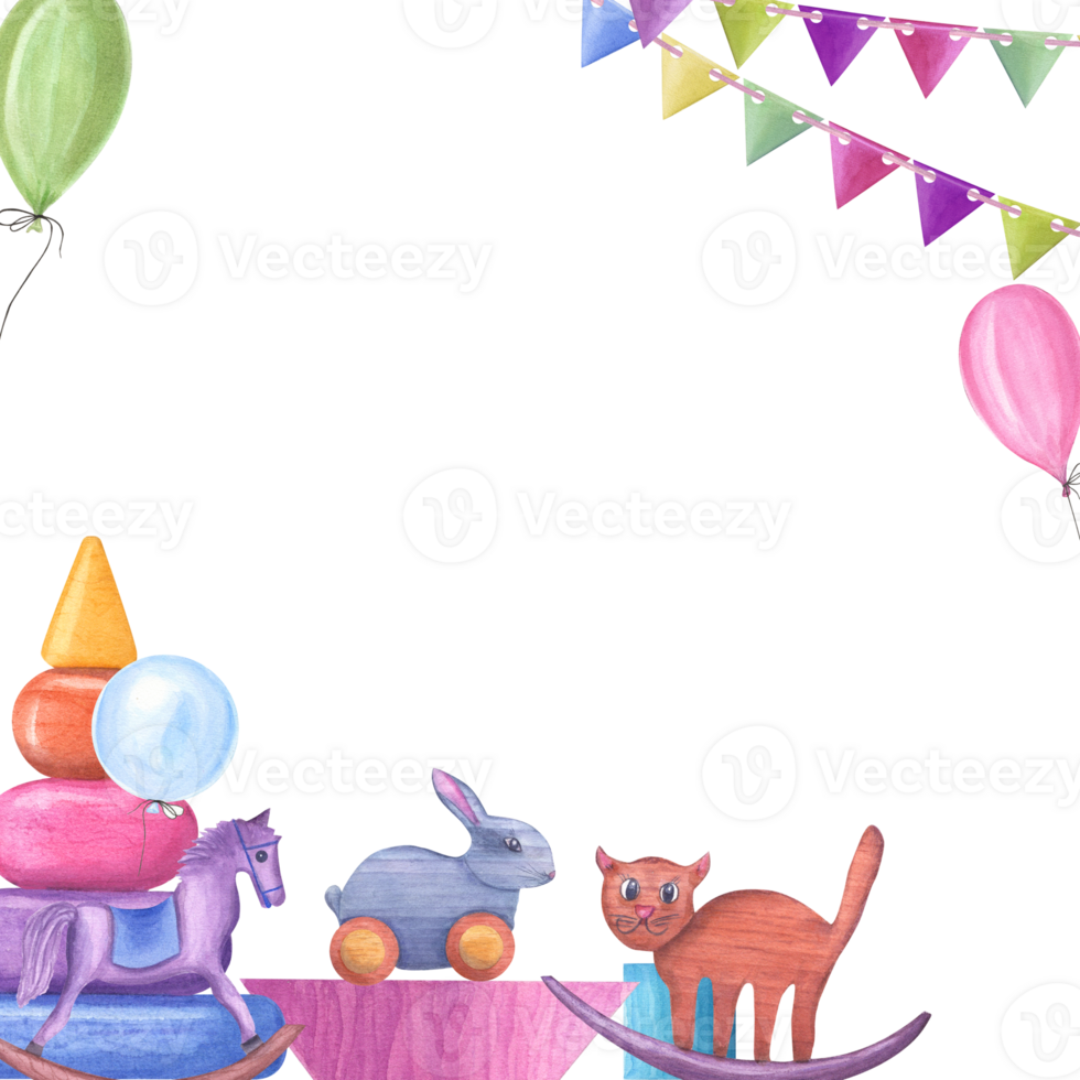 Square frame of kid wooden toys with colored flag garland and balloons. Toy, pyramid, bricks, cat, hobbyhorse, toy ride hare. Copy space for text. Watercolor illustration for children party png