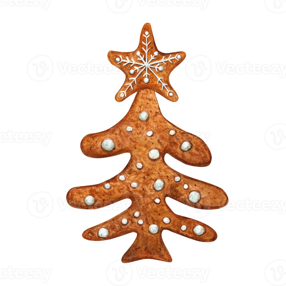 Watercolor gingerbread spruce with star on top. Traditional Christmas pastry decorated with white icing. For Xmas and New Year cards, greetings, templates. illustration png