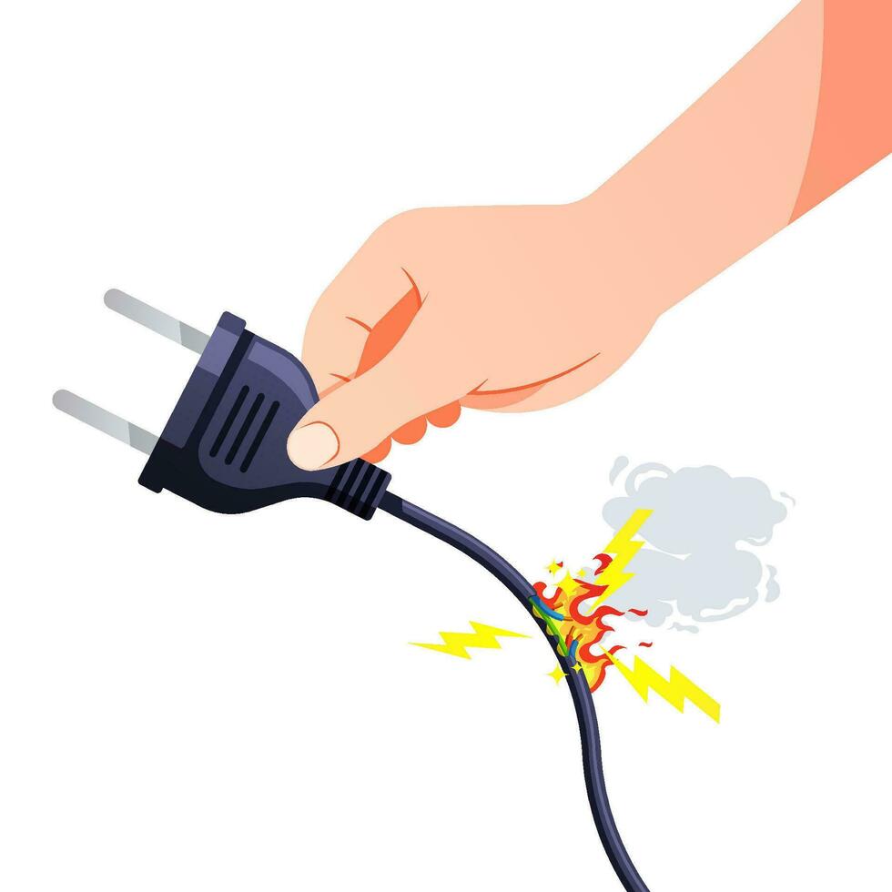 Hand holding the power cable, the power cable is damaged, causing a short circuit. vector