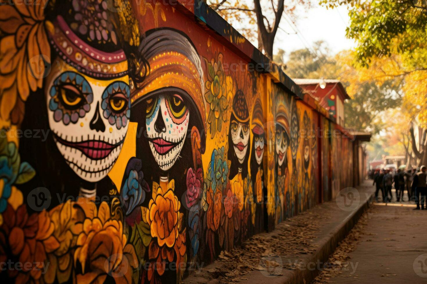 Street mural depicting lively skeletal figures amidst Day of the Dead celebrations photo