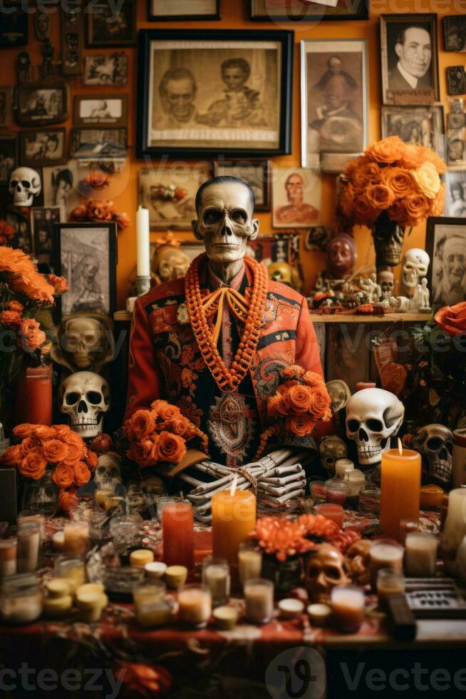 Ancestor photos and symbolic objects artfully arranged on Day of the Dead altar