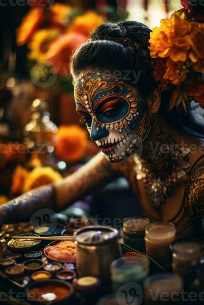 Colorful sugar skull makeup artist at work background with empty space for text photo