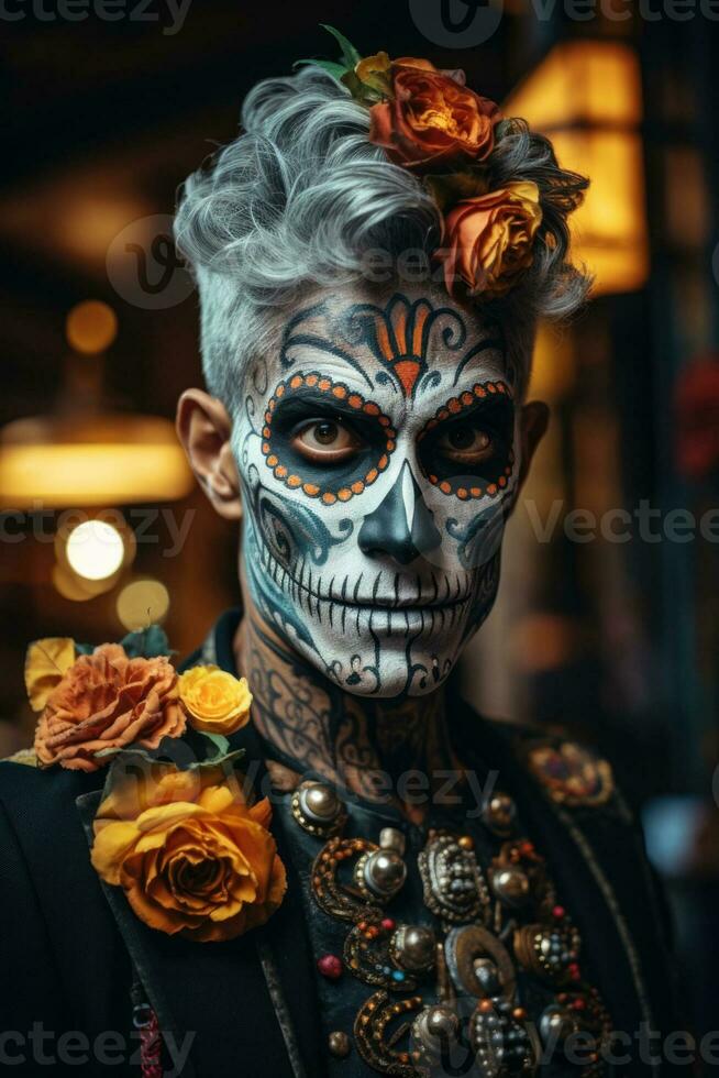 Man with striking sugar skull makeup embracing Day of the Dead traditions photo