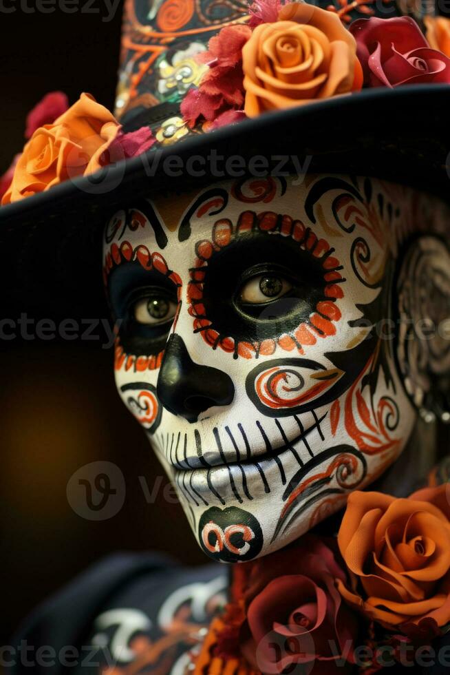 Skeleton themed face painting during Day of the Dead celebration background with empty space for text photo