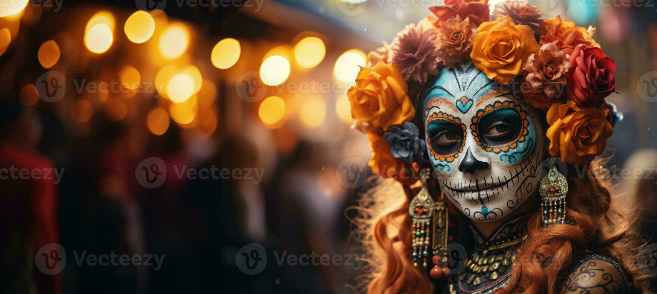 Woman adorned with vivid sugar skull makeup during Day of the Dead festivity photo