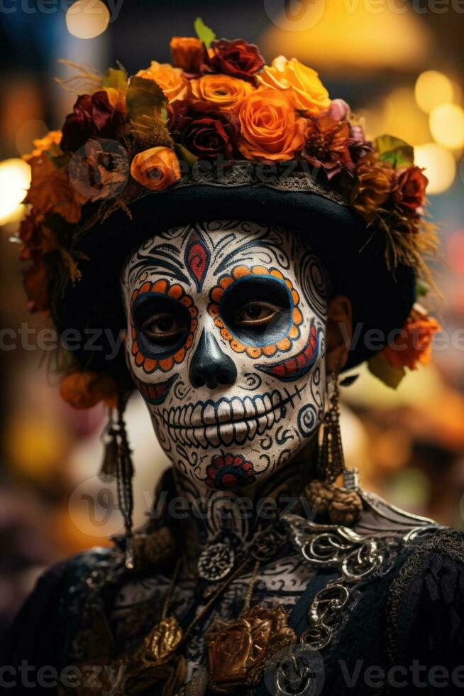 Skeleton themed face painting during Day of the Dead celebration background with empty space for text photo