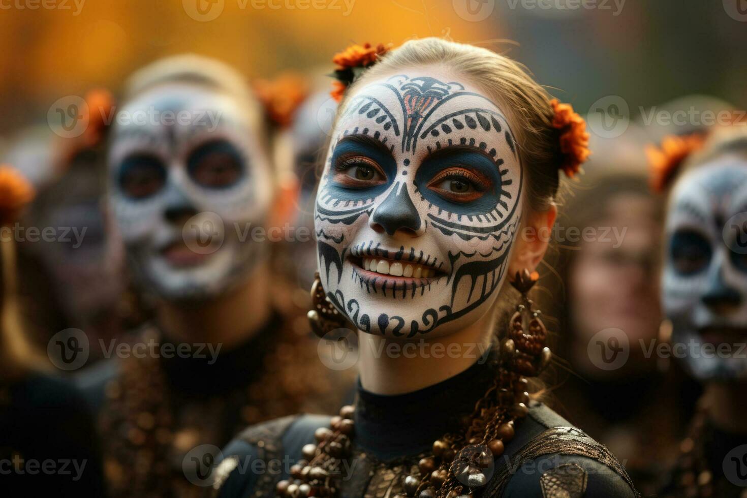Skeleton themed face painting and costumes enliven Day of the Dead celebration photo
