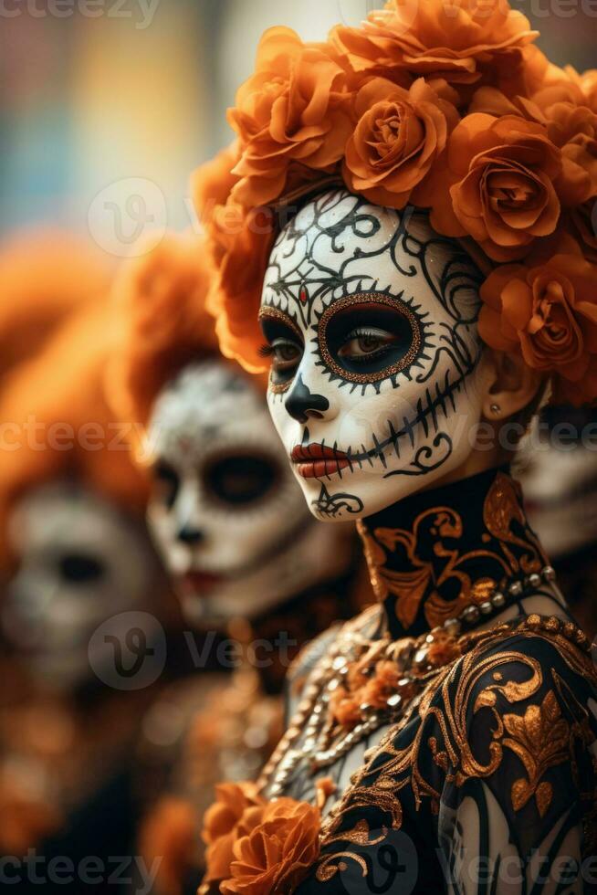 Catrinas procession in traditional attire during Day of the Dead background with empty space for text photo