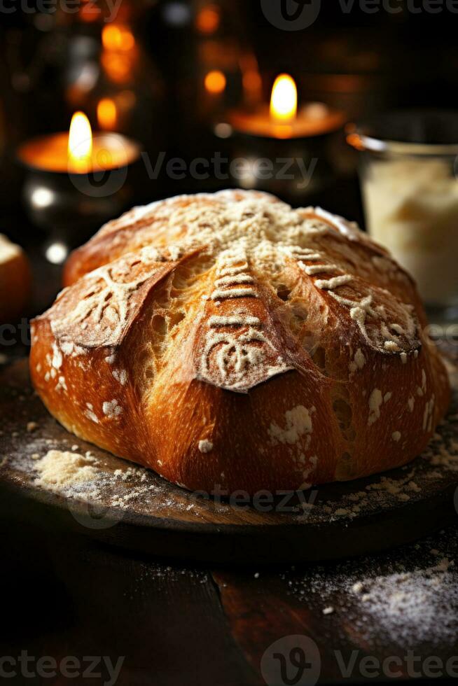Freshly baked Pan de Muerto symbolizing the fragility of life in Day of the Dead celebration photo
