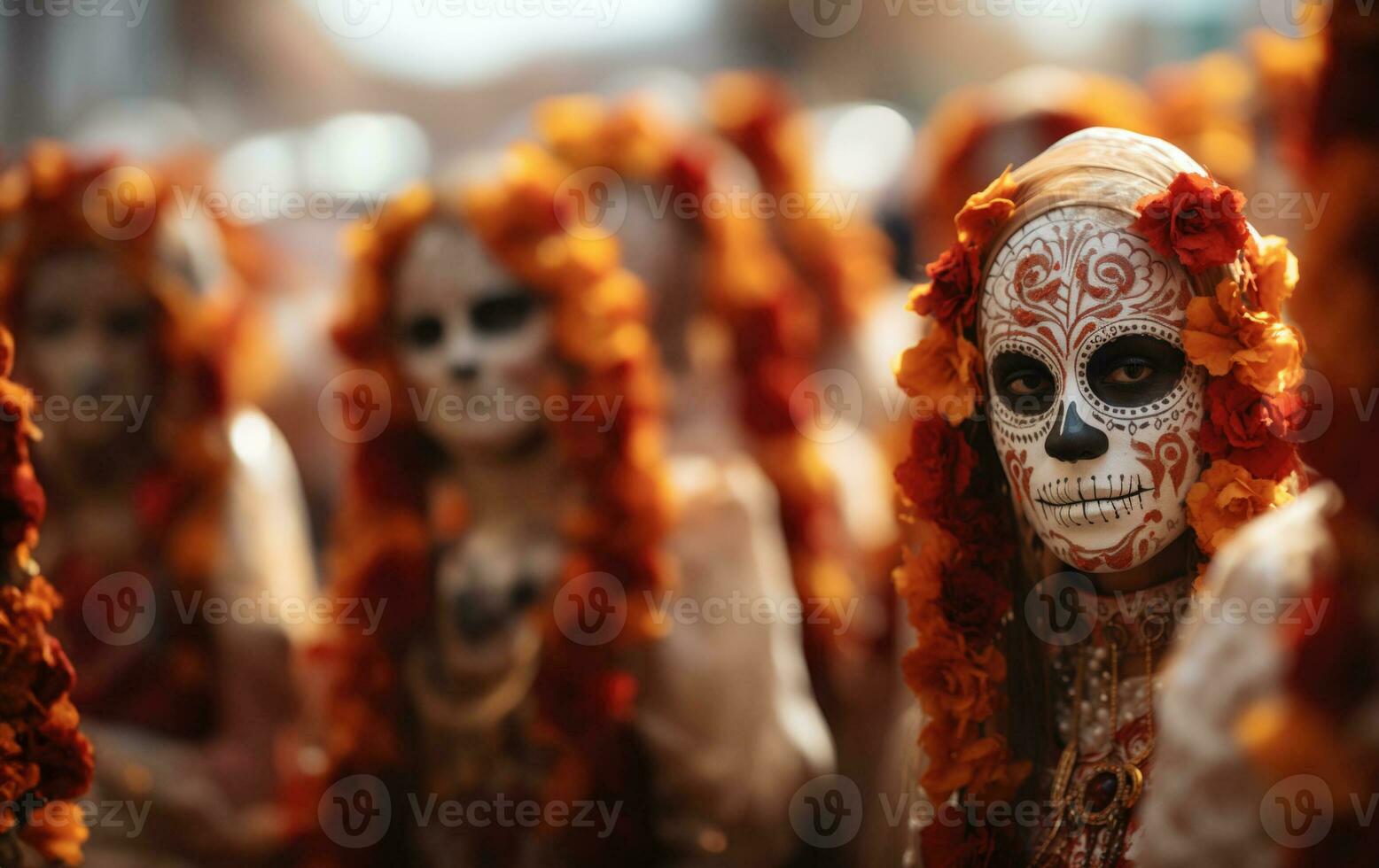 Catrinas procession in traditional attire during Day of the Dead background with empty space for text photo