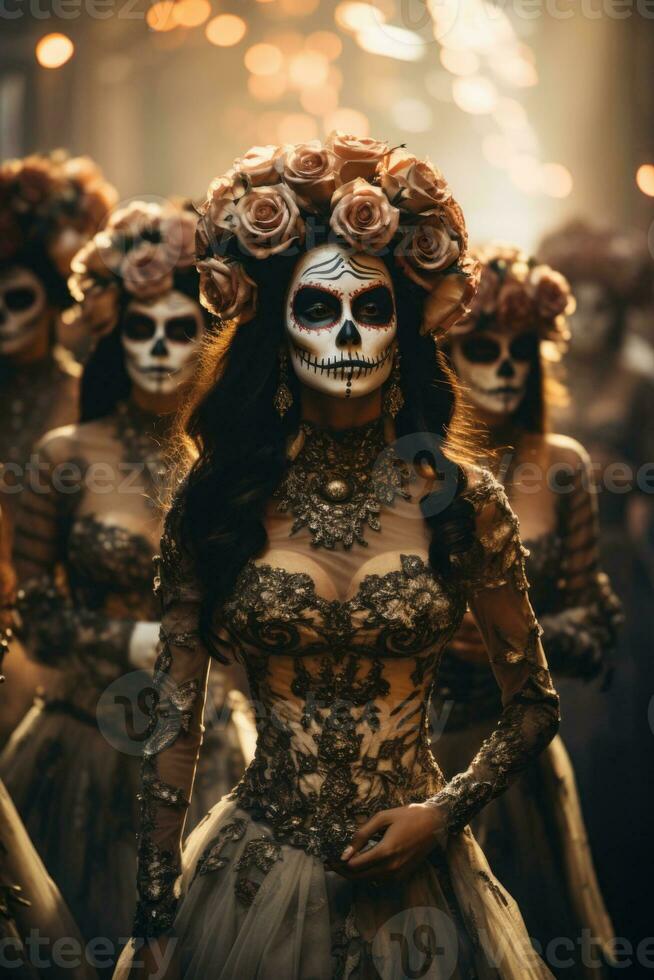 Elegant Catrinas procession with elaborate costumes in Day of the Dead celebration photo