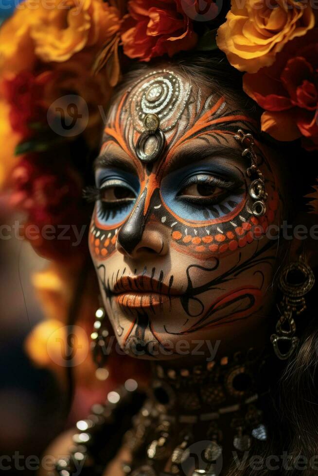 Dazzling display of skeleton themed face paintings at a joyous Day of the Dead celebration photo