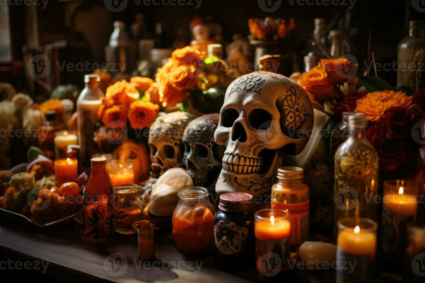 Traditional Mexican altars laden with offerings for Day of the Dead celebrations photo