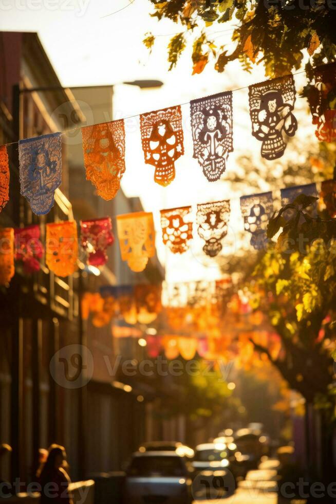 Artistic Papel Picado banners swaying gently in Day of the Dead parade photo