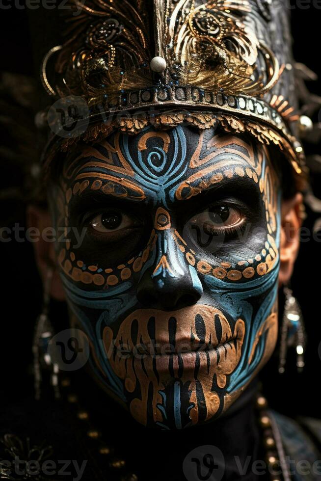 Skeleton themed face painting during Day of the Dead celebration background with empty space for text photo