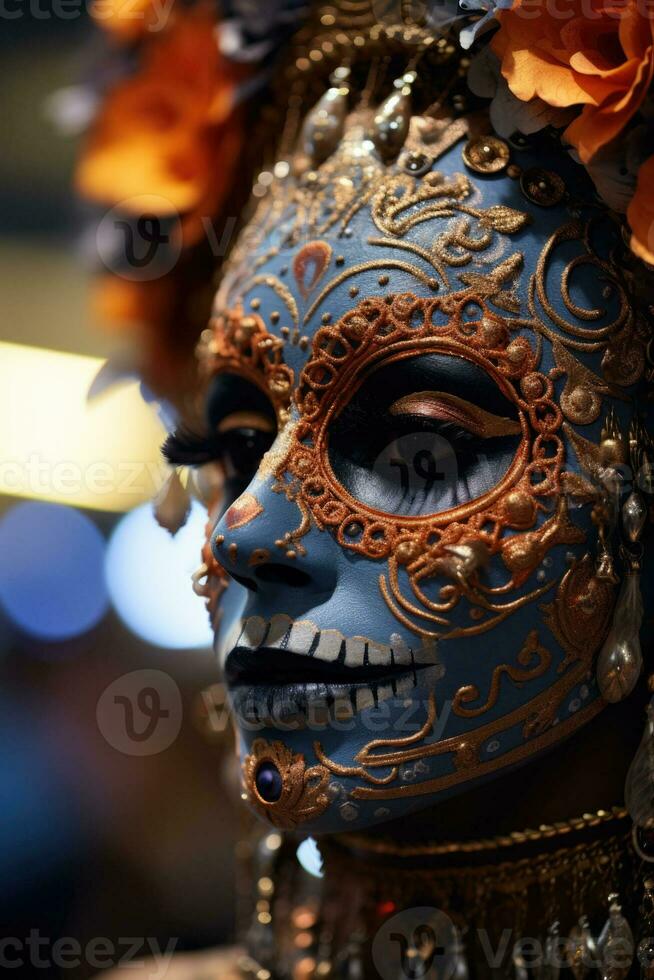 Dazzling display of skeleton themed face paintings at a joyous Day of the Dead celebration photo