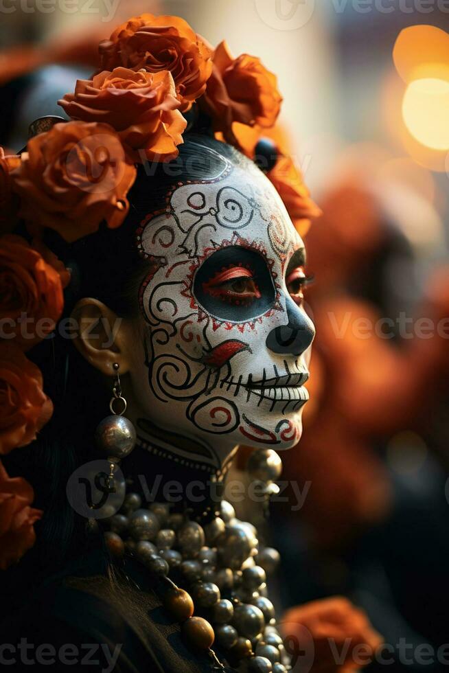 catrinas procesión en tradicional atuendo durante día de el muerto antecedentes con vacío espacio para texto foto