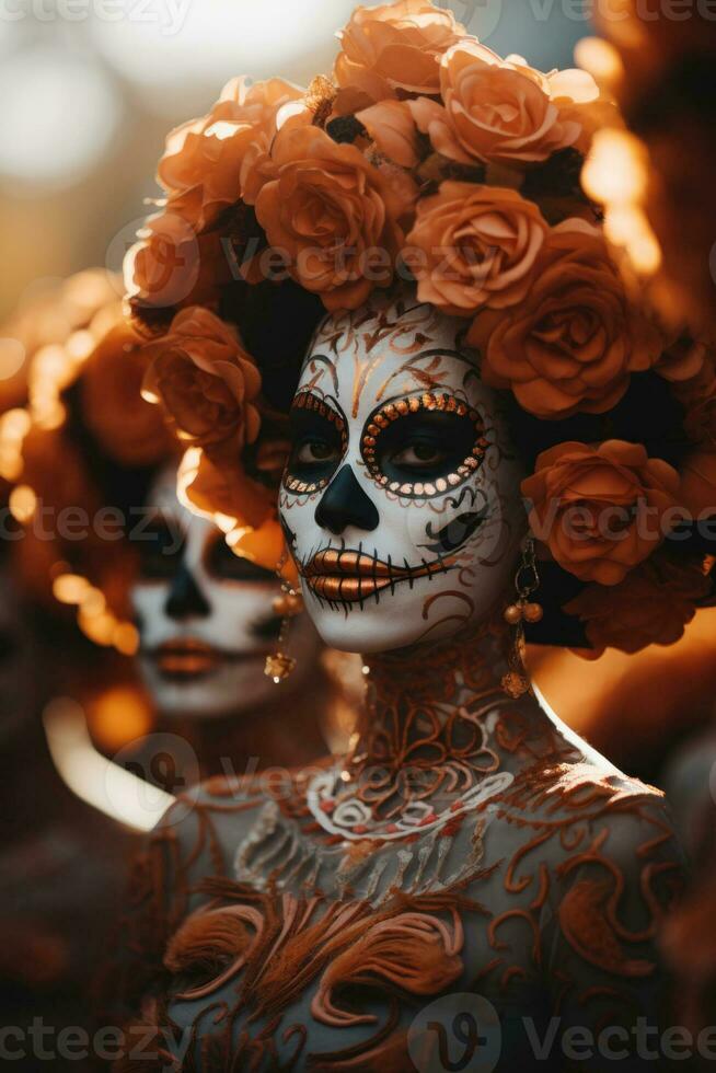 Elegant Catrinas procession with elaborate costumes in Day of the Dead celebration photo